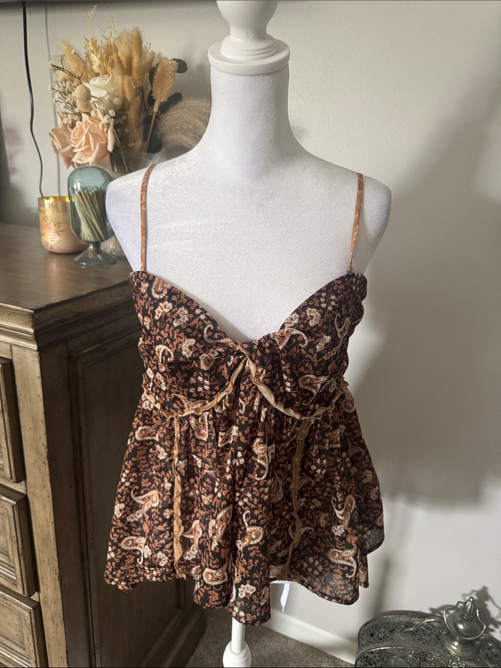 Free People Brown Paisley Tie-Front Tank Top